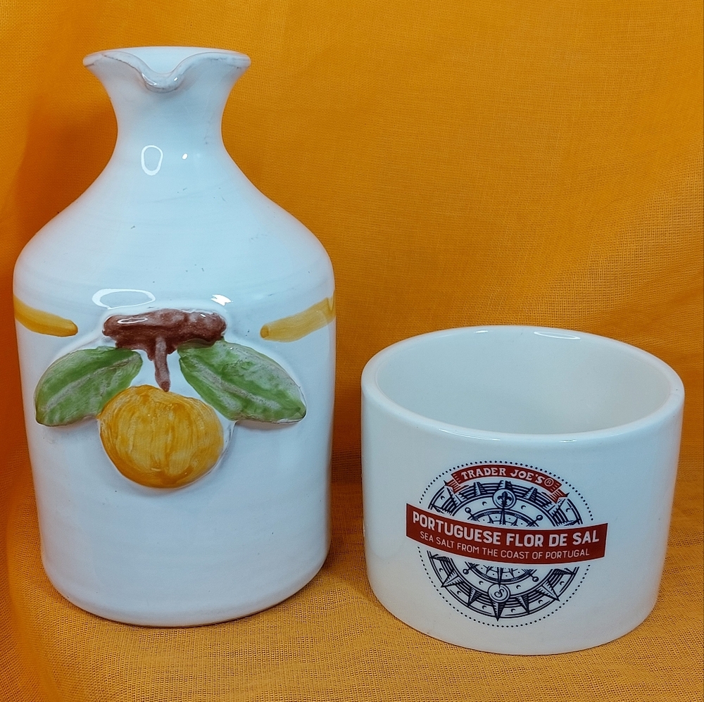 Galantino Handpainted Ceramic Oil Cruet/Trader Joe's Portugese Salt Ceramic Jar